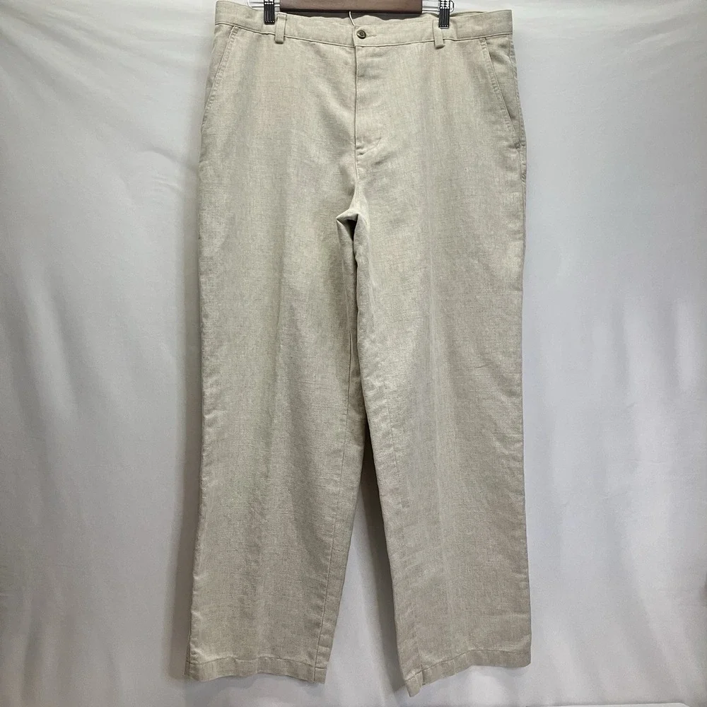 Dockers Mens Tan RECODE Stonewashed Linen Flat Front Straight Leg Pants Sz 38x32
